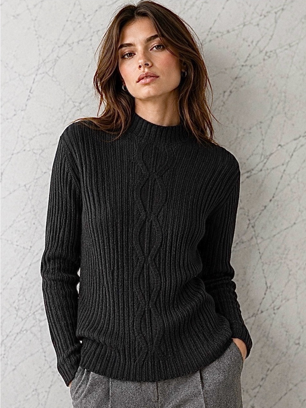 BANDOLINO Vintage Y2K Ribbed Cable Mock-neck Pullover Sweater Jumper Black L